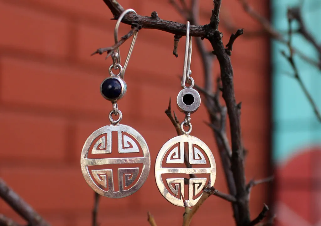 Round Lapis Inlaid Silver Sterling Drop Earrings