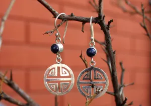 Round Lapis Inlaid Silver Sterling Drop Earrings