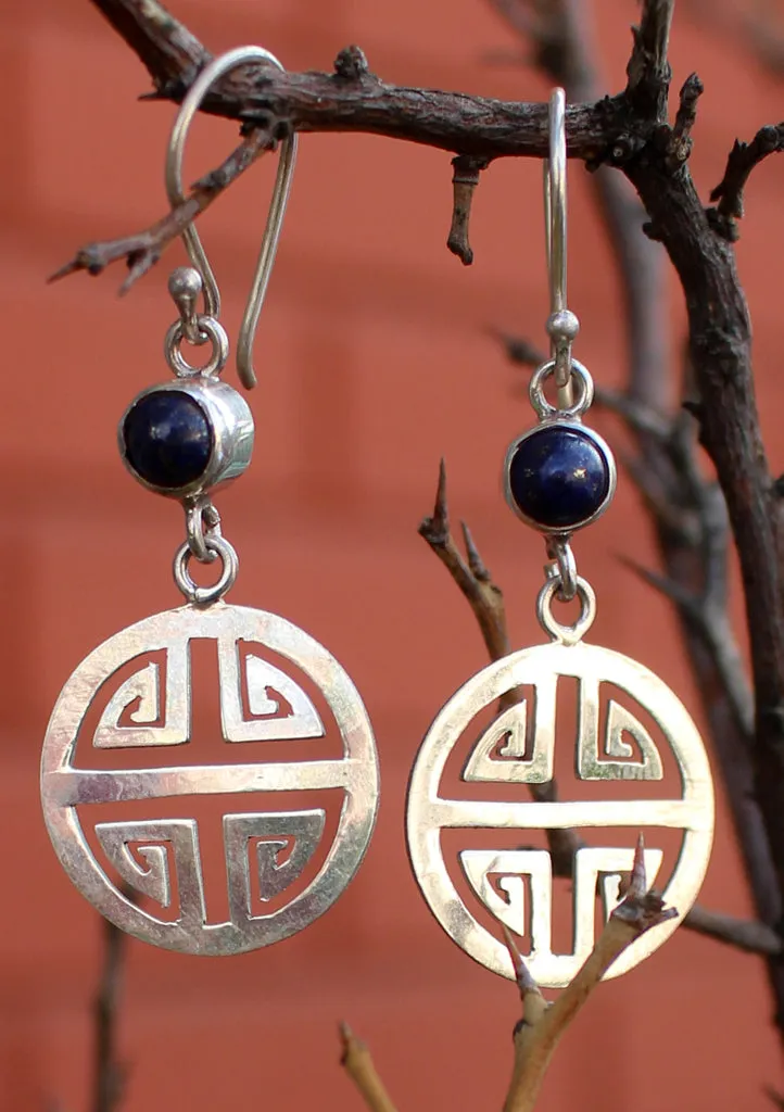 Round Lapis Inlaid Silver Sterling Drop Earrings