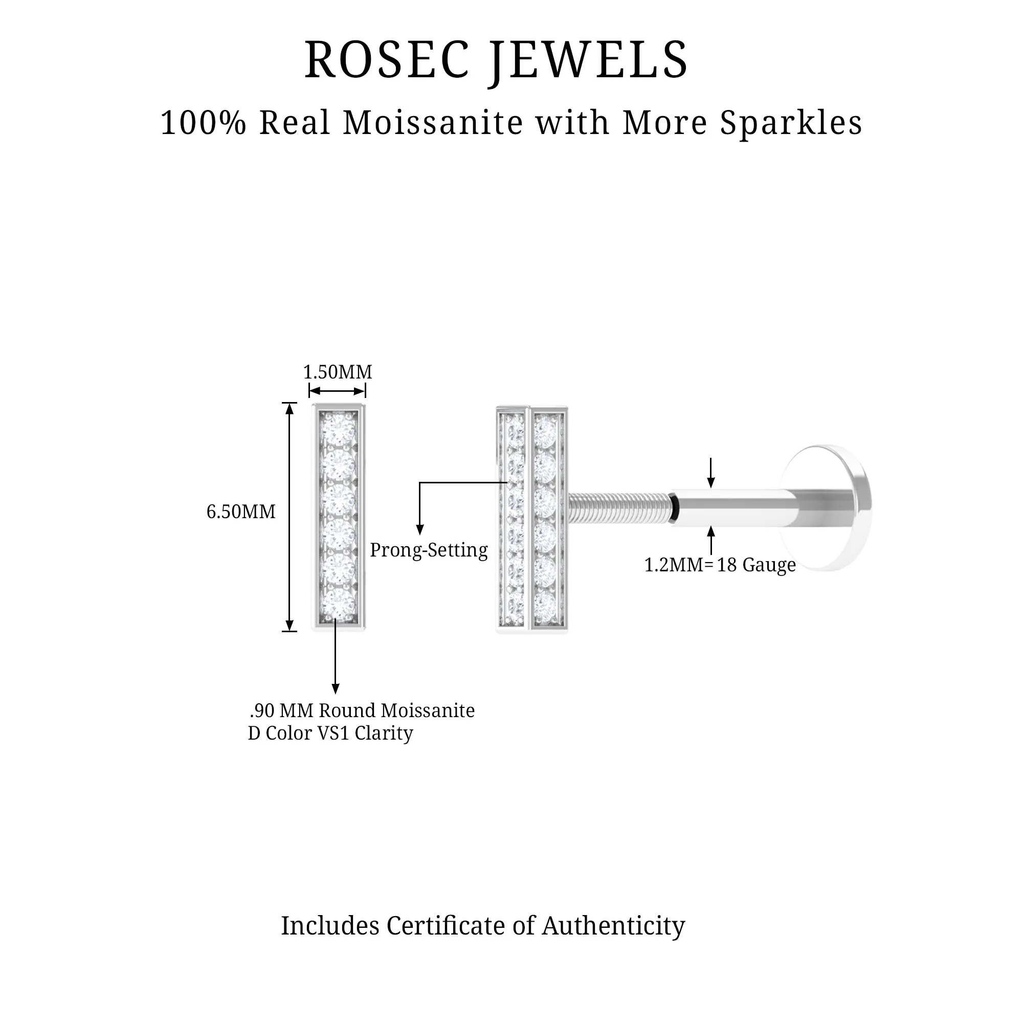 Round Moissanite Bar Earring for Cartilage Piercing