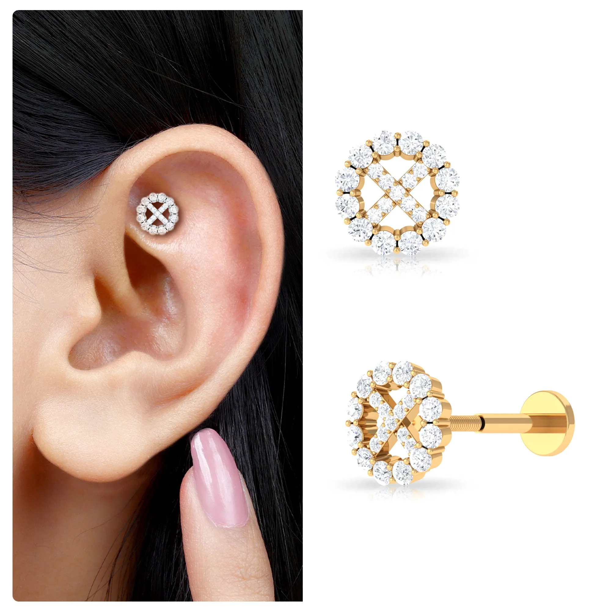 Round Moissanite Minimal Cartilage Earring in Gold