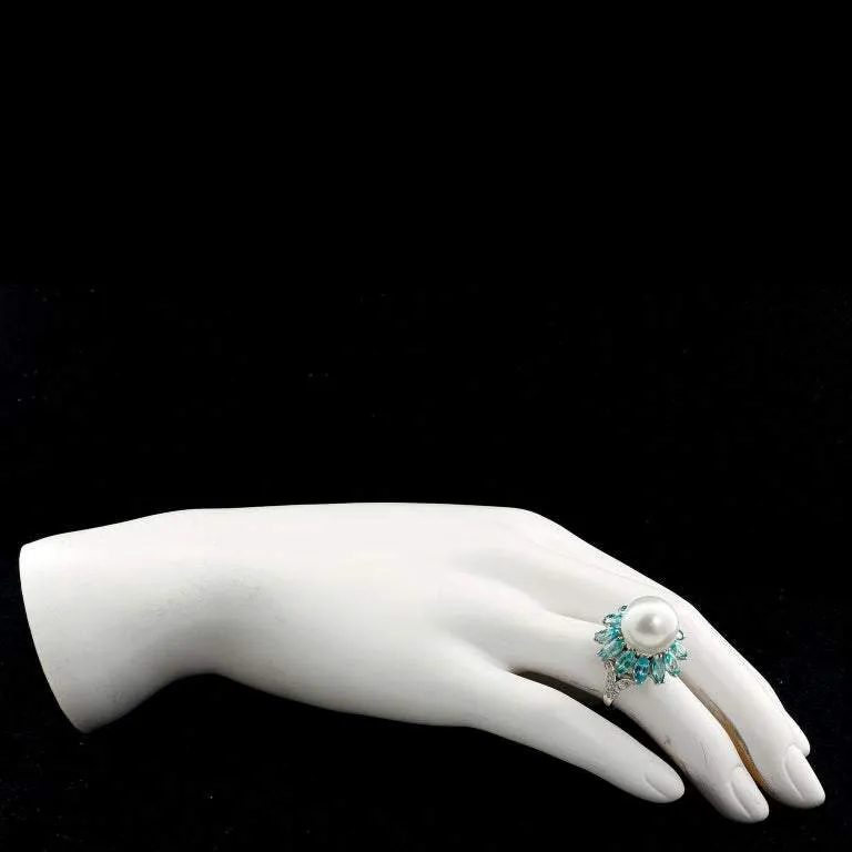 Ruser Cultured Pearl and Blue Zircon Cocktail Ring