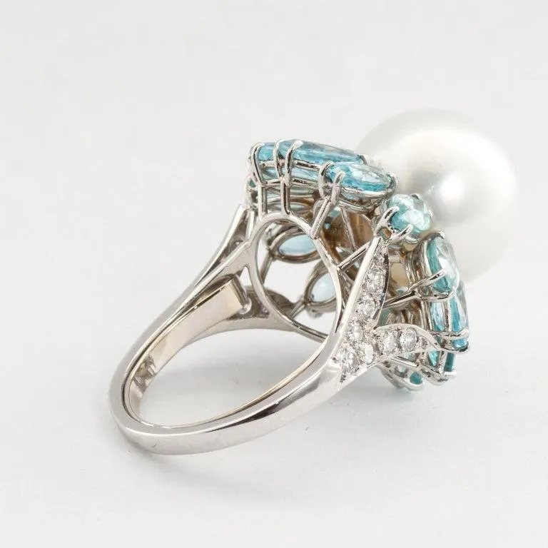 Ruser Cultured Pearl and Blue Zircon Cocktail Ring