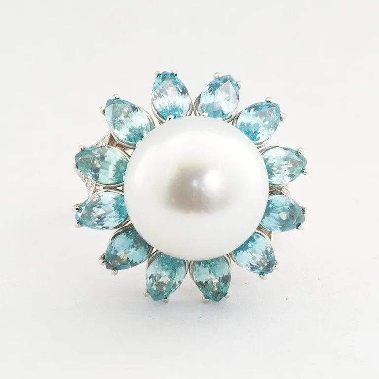 Ruser Cultured Pearl and Blue Zircon Cocktail Ring