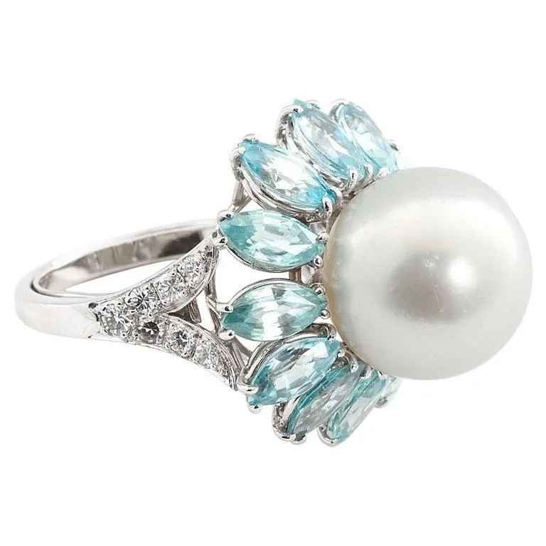 Ruser Cultured Pearl and Blue Zircon Cocktail Ring