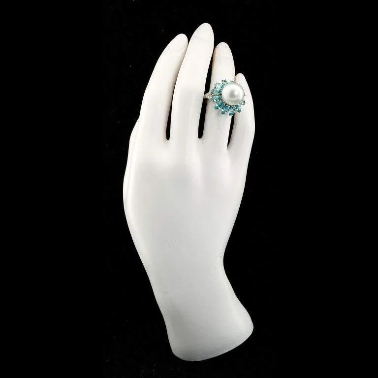 Ruser Cultured Pearl and Blue Zircon Cocktail Ring