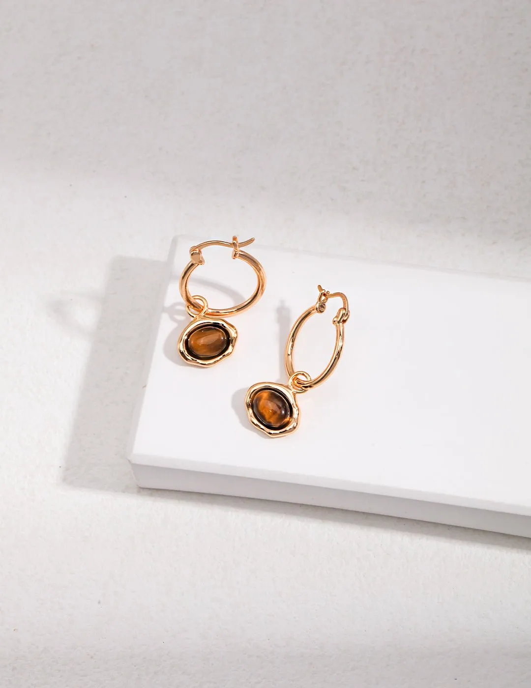 S925 Sterling Silver Tiger Eye Stone Hoops Earrings