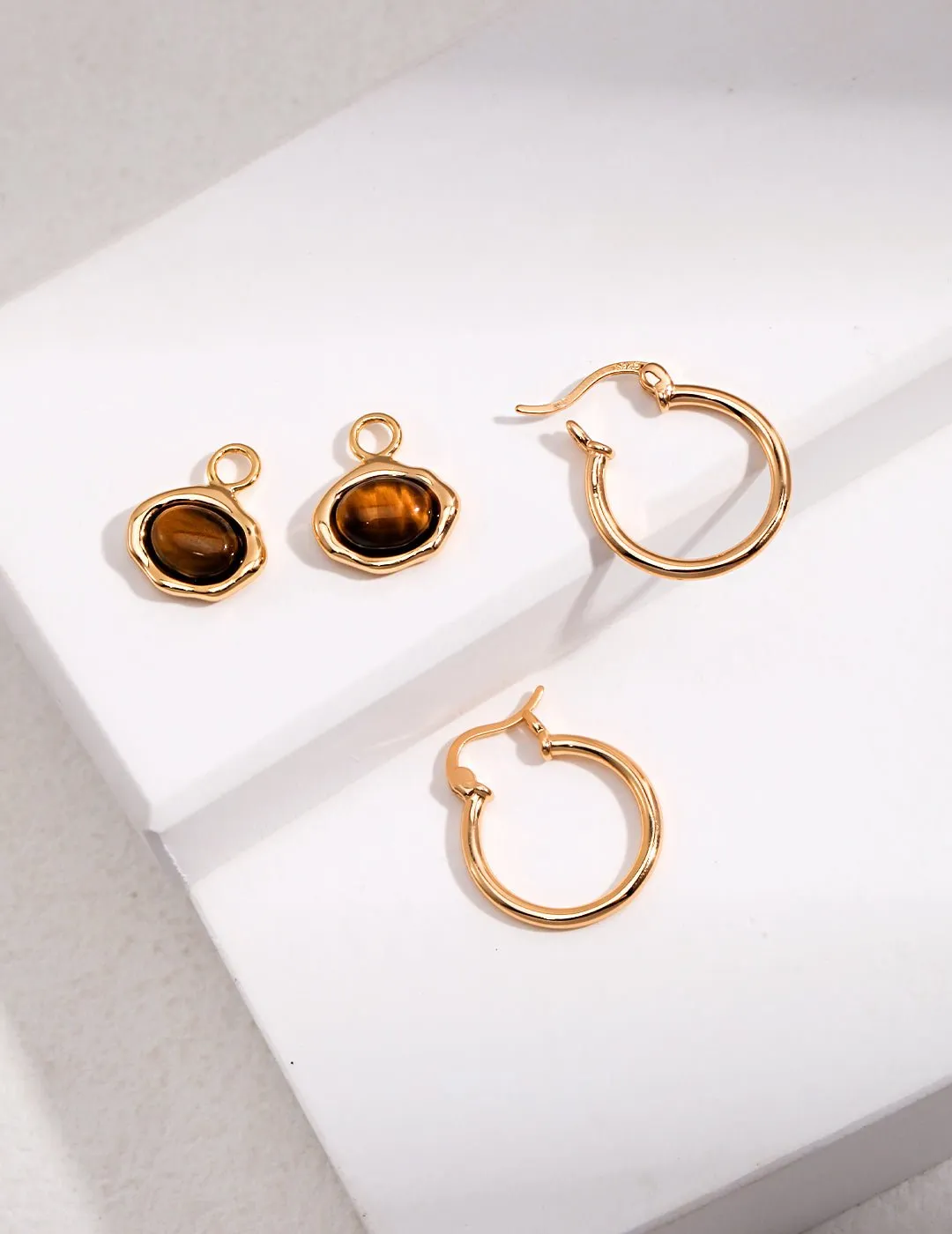 S925 Sterling Silver Tiger Eye Stone Hoops Earrings