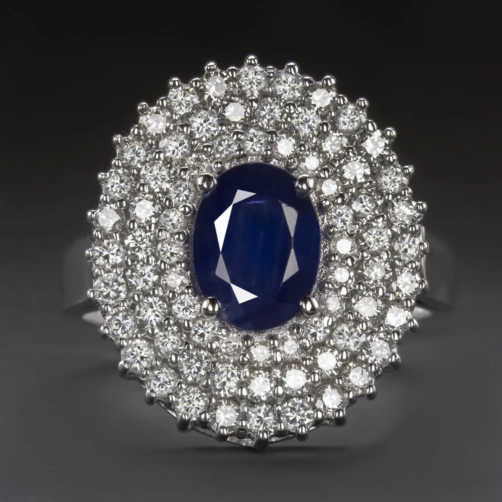 SAPPHIRE DIAMOND COCKTAIL RING TRIPLE HALO 18k WHITE GOLD BIG NATURAL ESTATE