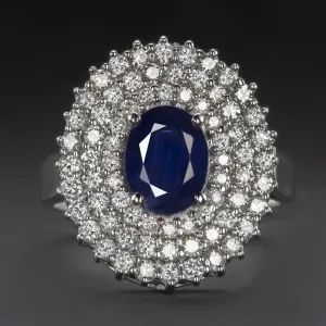 SAPPHIRE DIAMOND COCKTAIL RING TRIPLE HALO 18k WHITE GOLD BIG NATURAL ESTATE