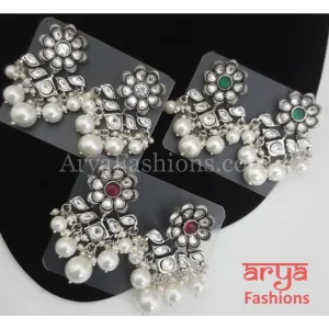 Sara Silver Cubic Zirconia Jhumka Earrings with colored stones and pearl drops