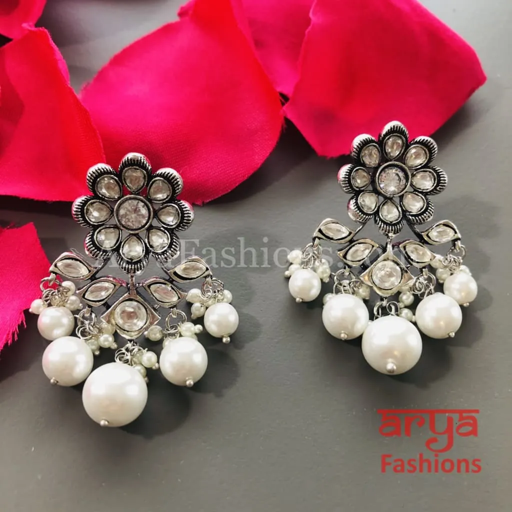 Sara Silver Cubic Zirconia Jhumka Earrings with colored stones and pearl drops