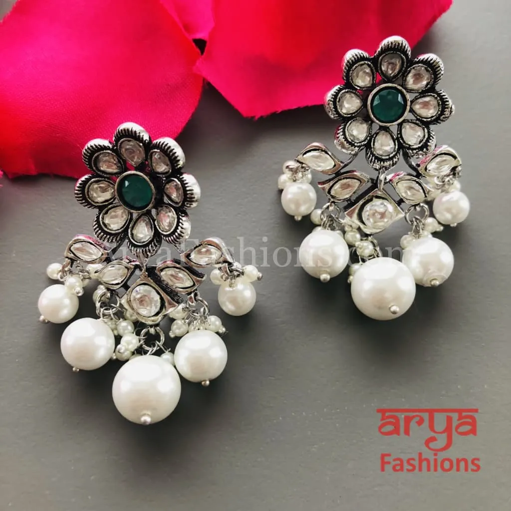 Sara Silver Cubic Zirconia Jhumka Earrings with colored stones and pearl drops