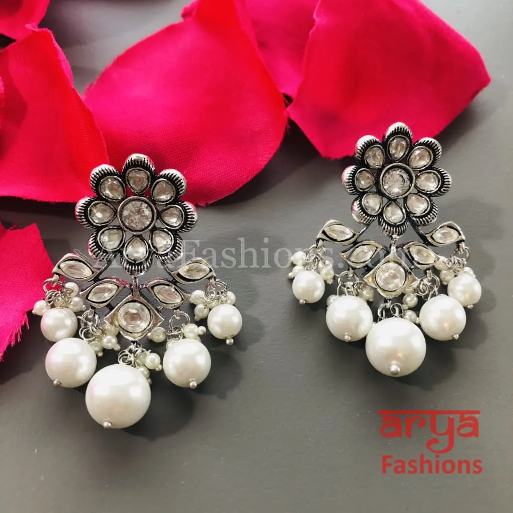 Sara Silver Cubic Zirconia Jhumka Earrings with colored stones and pearl drops