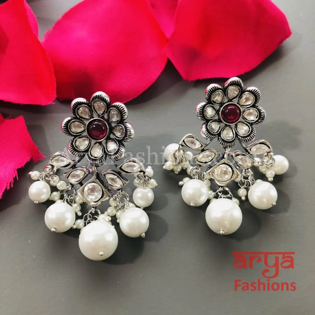 Sara Silver Cubic Zirconia Jhumka Earrings with colored stones and pearl drops