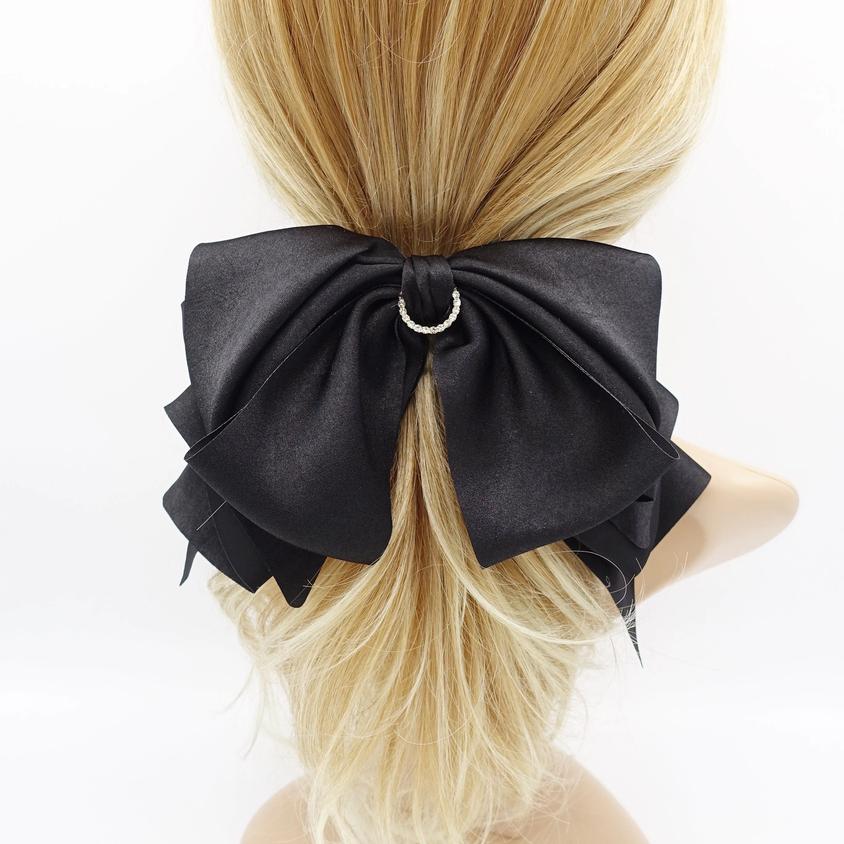 satin hair bow, layered hair bow, rhinestone hair bow for women