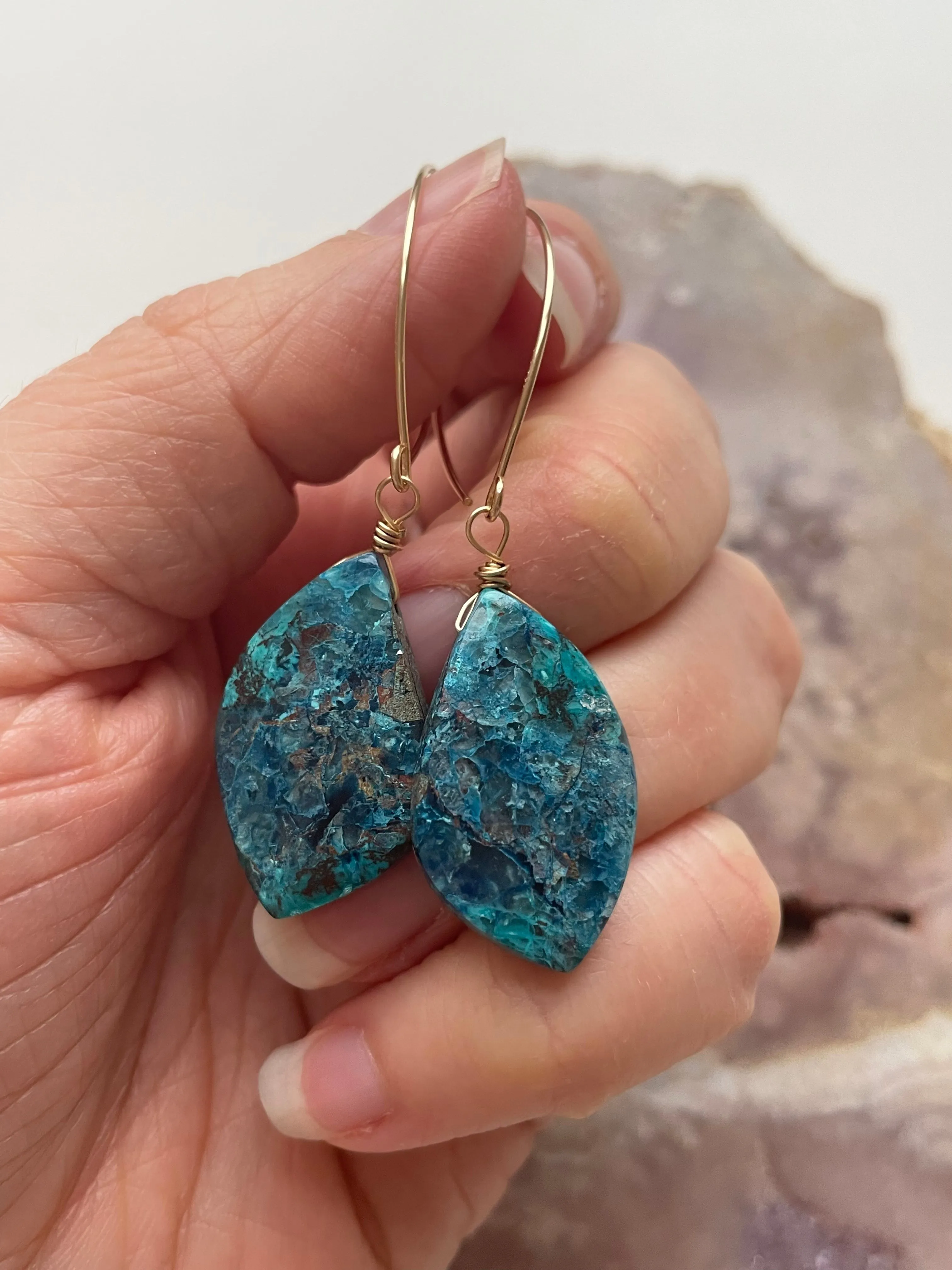 Shattuckite Earrings Gold Filled Statement Earrings