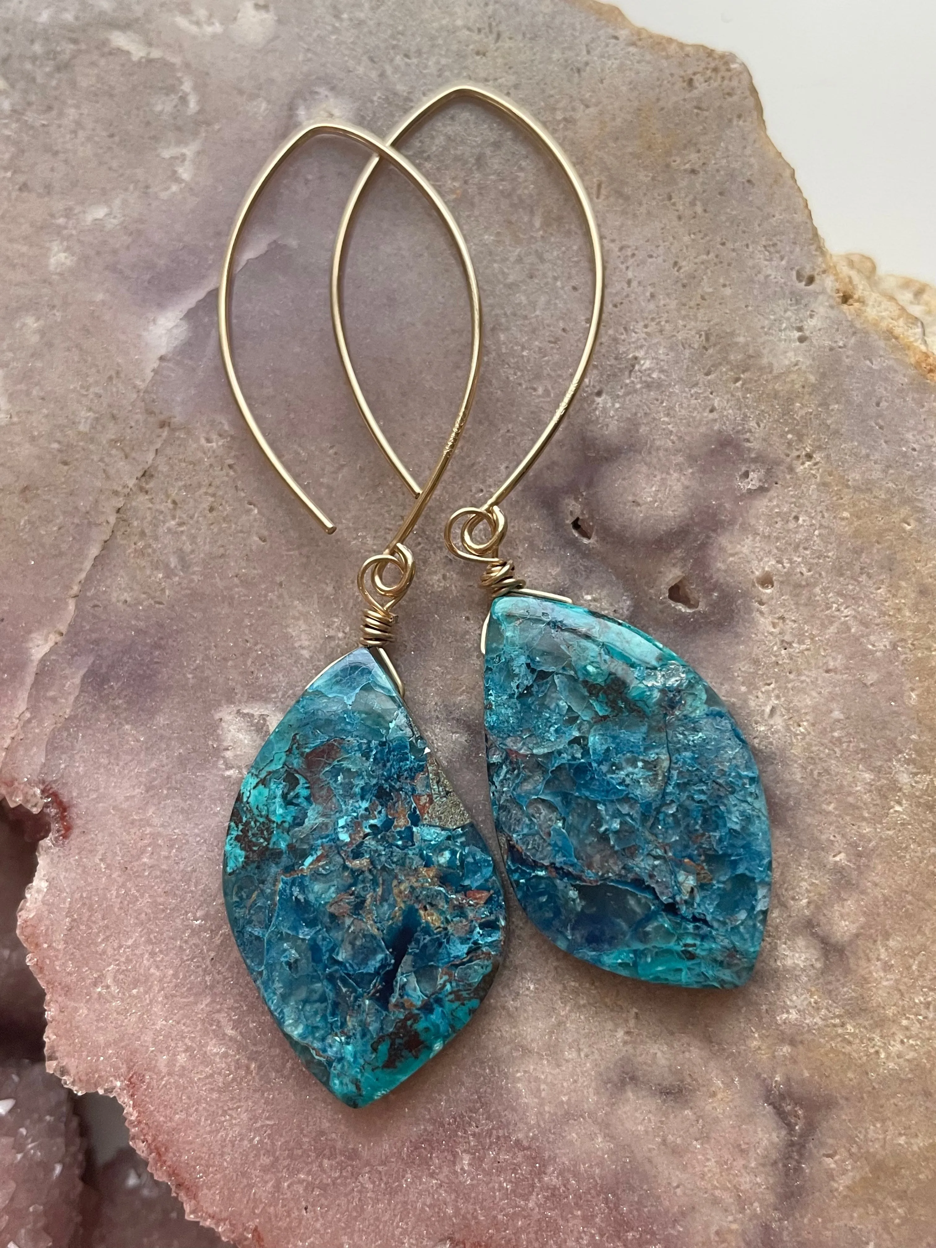 Shattuckite Earrings Gold Filled Statement Earrings