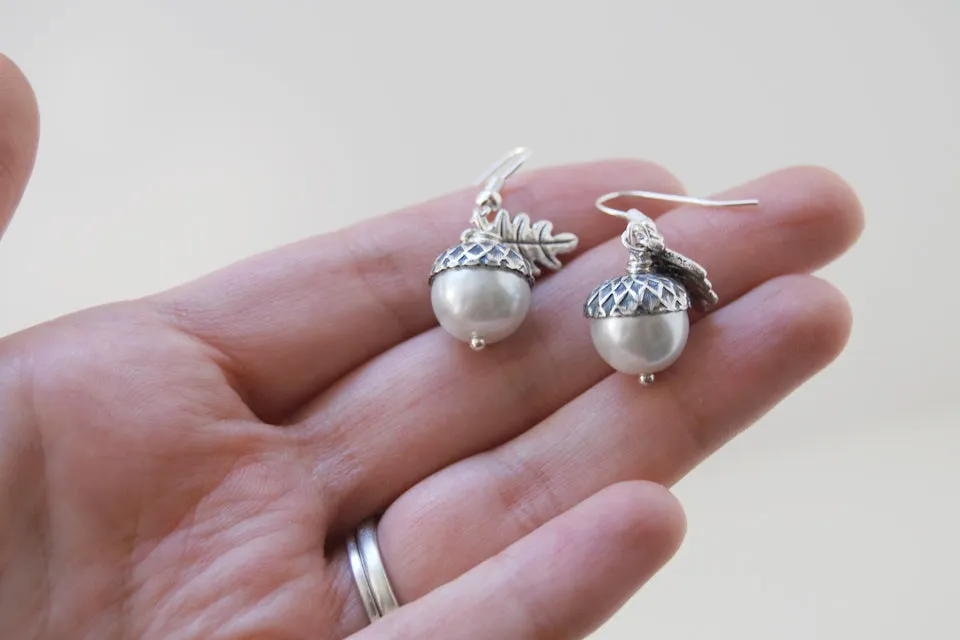 Silver Acorn Earrings | Pearl or Gemstone Acorn Charm Earrings | Fall Acorn Earrings