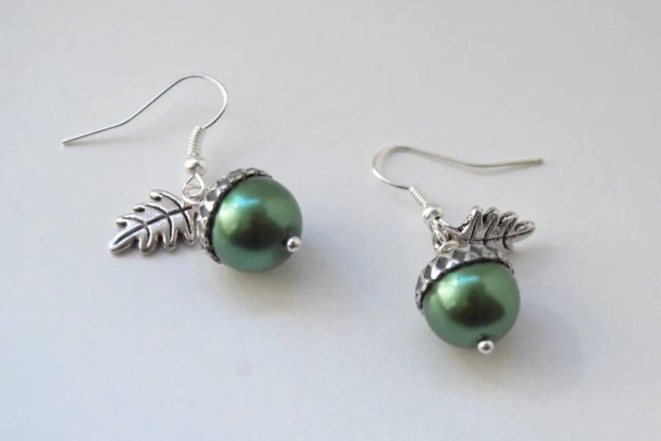 Silver Acorn Earrings | Pearl or Gemstone Acorn Charm Earrings | Fall Acorn Earrings