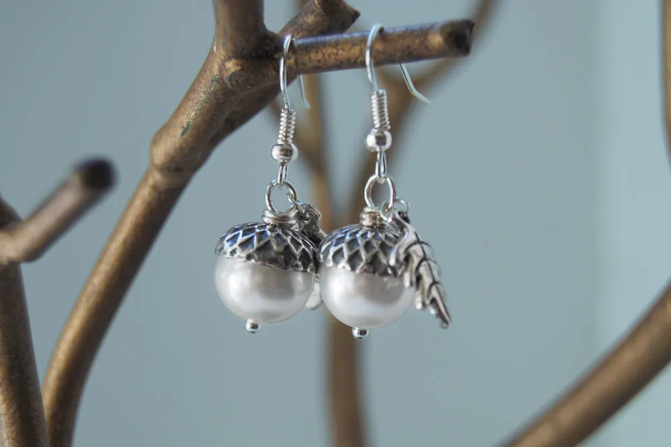 Silver Acorn Earrings | Pearl or Gemstone Acorn Charm Earrings | Fall Acorn Earrings