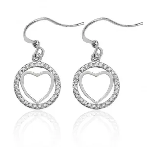 Silver & Co Plain Heart Round Halo Style Cubic Zirconia Drop Earrings SEG0029CZ