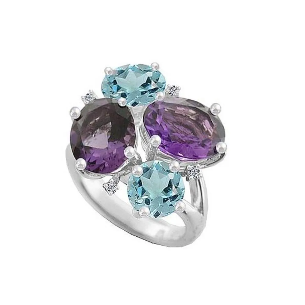 Silver, Blue Topaz, Amethyst, cubic zirconia ring size N