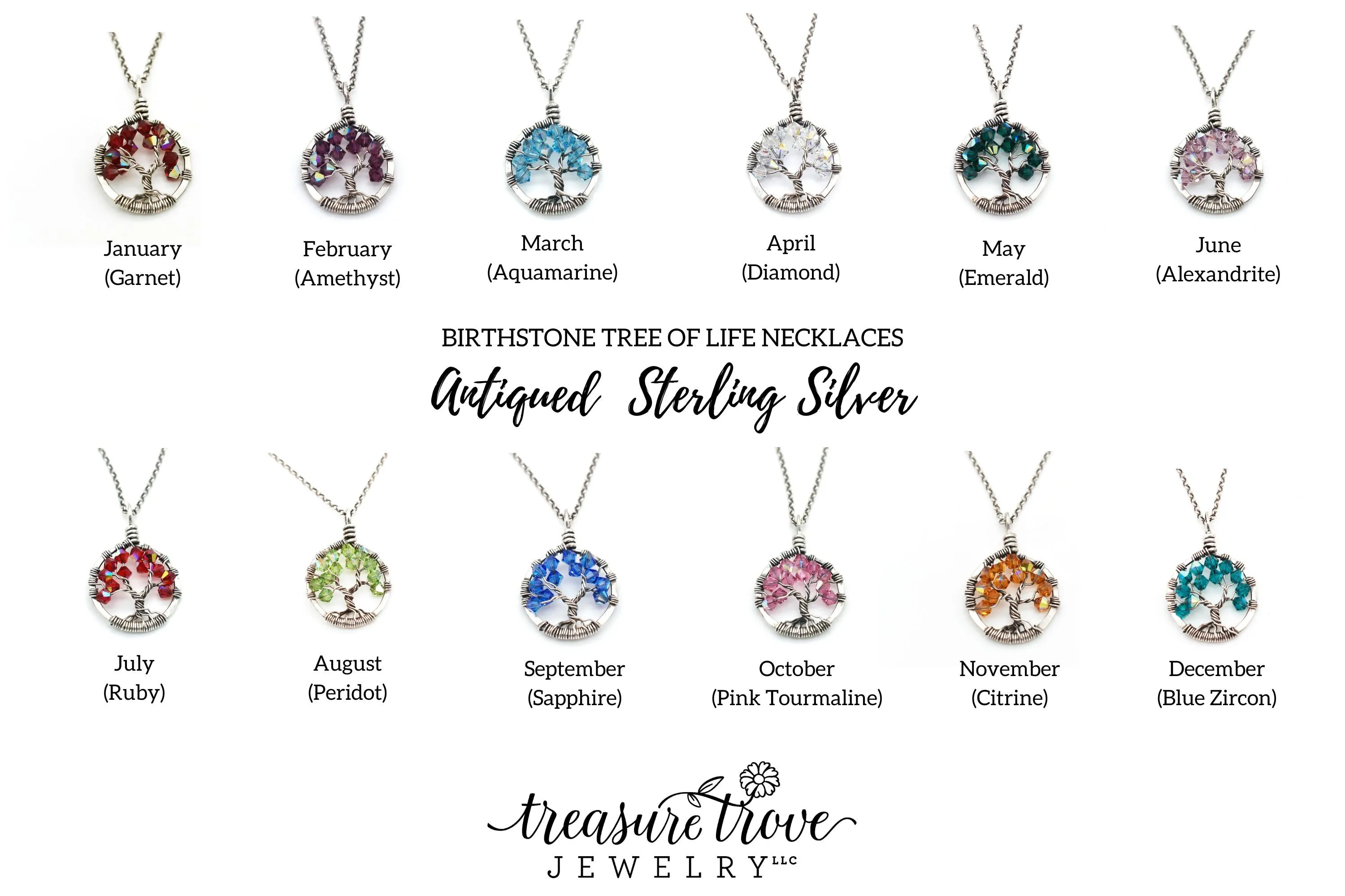 Silver Garnet Tree of Life Crystal Necklace (January)