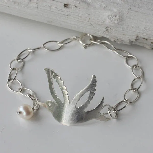 Silver Hummingbird Bracelet with Pearl