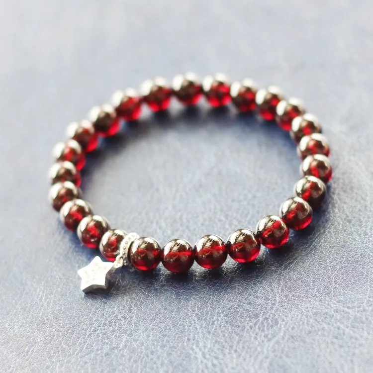 Silver Star Garnet Beaded Bracelet Handmade January Birthstone Jewelry Women