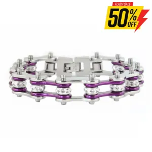 SK1103 1/2" Wide Two Tone Silver Candy Purple With White Crystal Centers Stainless Steel Motorcycle Bike Chain Bracelet