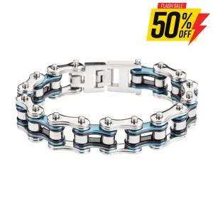 SK1210 3/4" Wide Tri-Color Police Silver Blue Black Double Link Design Unisex Stainless Steel Motorcycle Chain Bracelet