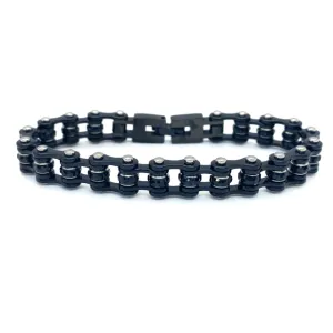 SK2802 3/8" Wide MINI MINI SIZE Black with black crystal center - Stainless Steel Motorcycle Bike Chain Bracelet