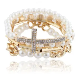 Stacked Side-Cross & Pearl Bracelet