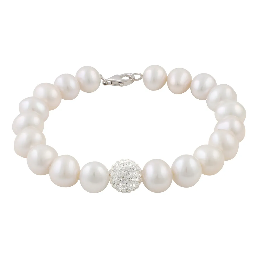 Sterling Silver Freshwater Pearl 8.5-9.5mm Bracelet With Crystal Clay Ball