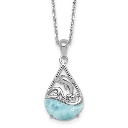 Sterling Silver Larimar Dolphin Teardrop Necklace