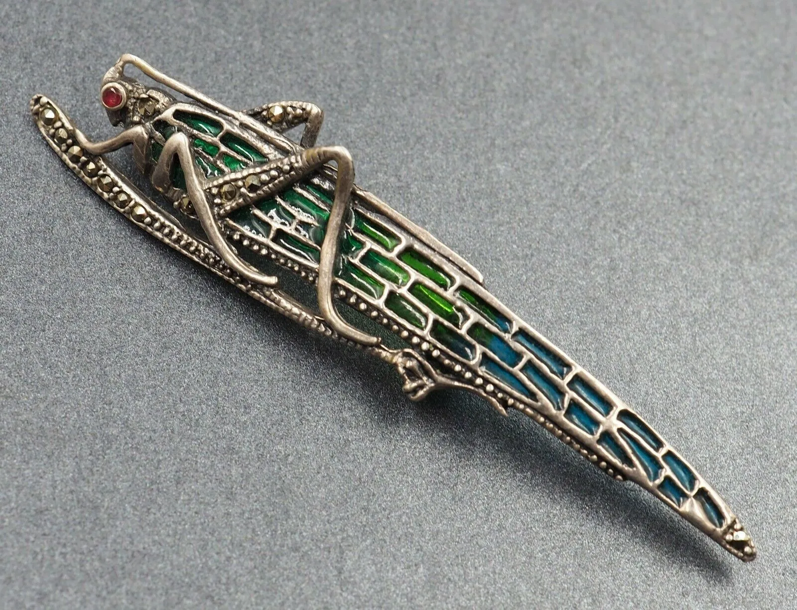 Sterling Silver Marcasite Ruby & Enamel Grasshopper Brooch