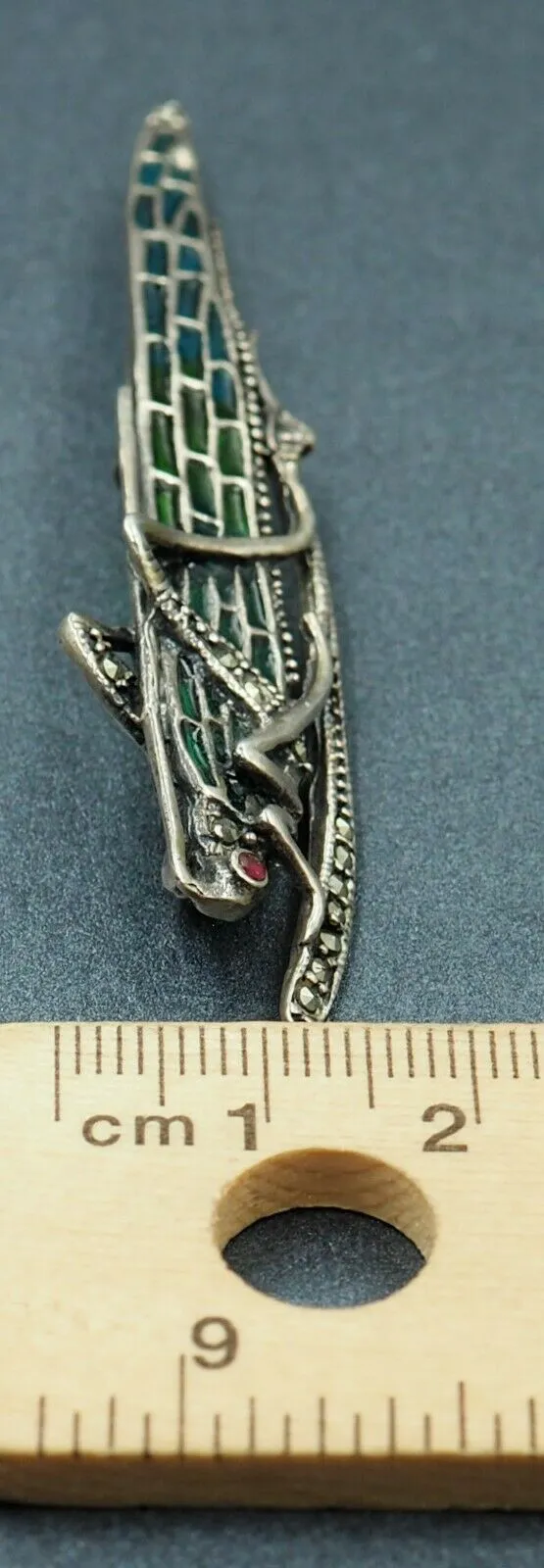 Sterling Silver Marcasite Ruby & Enamel Grasshopper Brooch