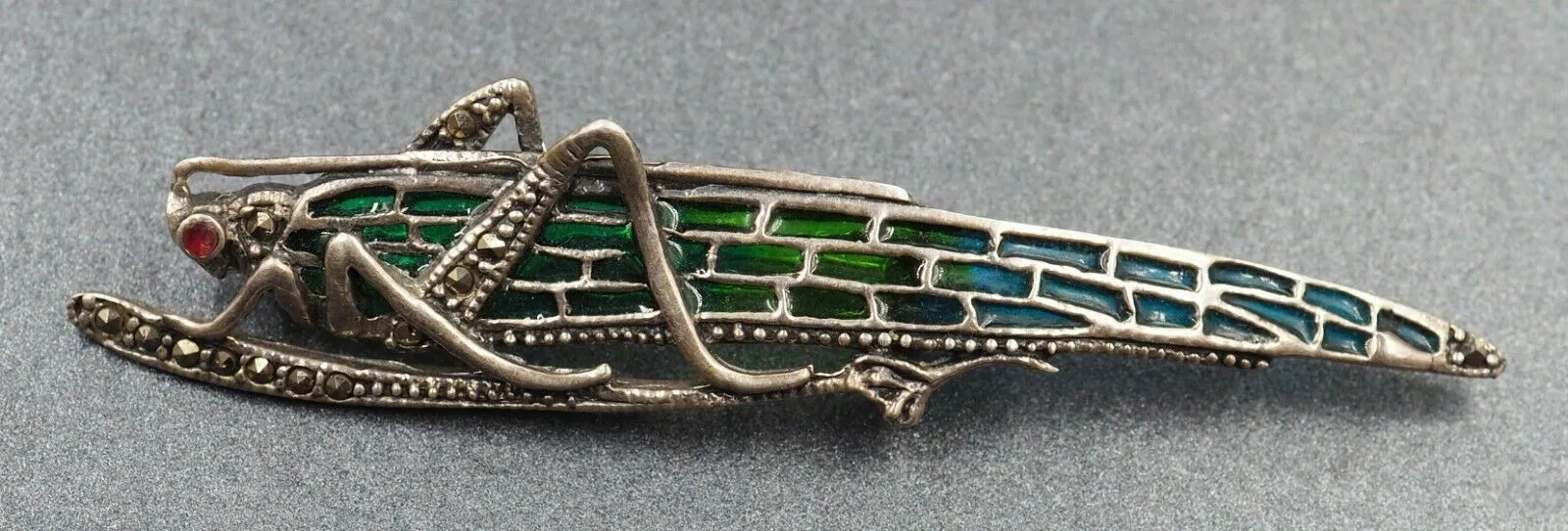 Sterling Silver Marcasite Ruby & Enamel Grasshopper Brooch