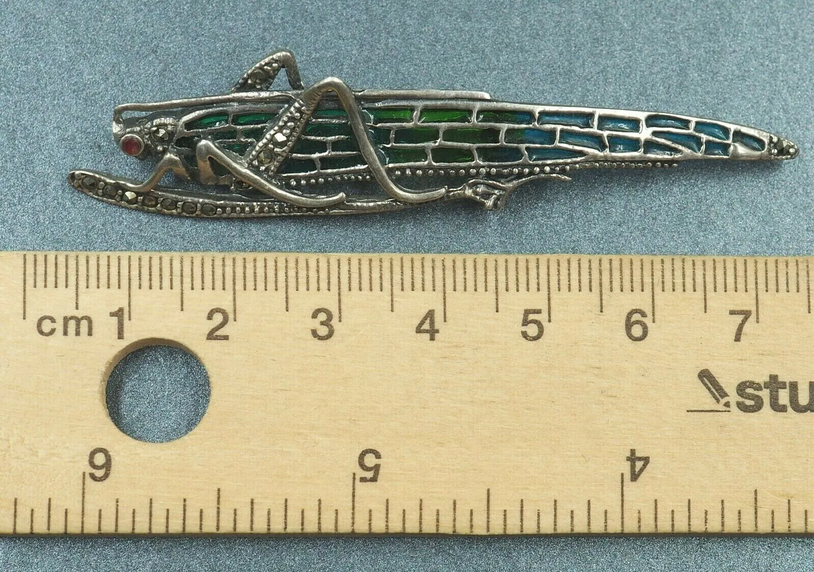 Sterling Silver Marcasite Ruby & Enamel Grasshopper Brooch