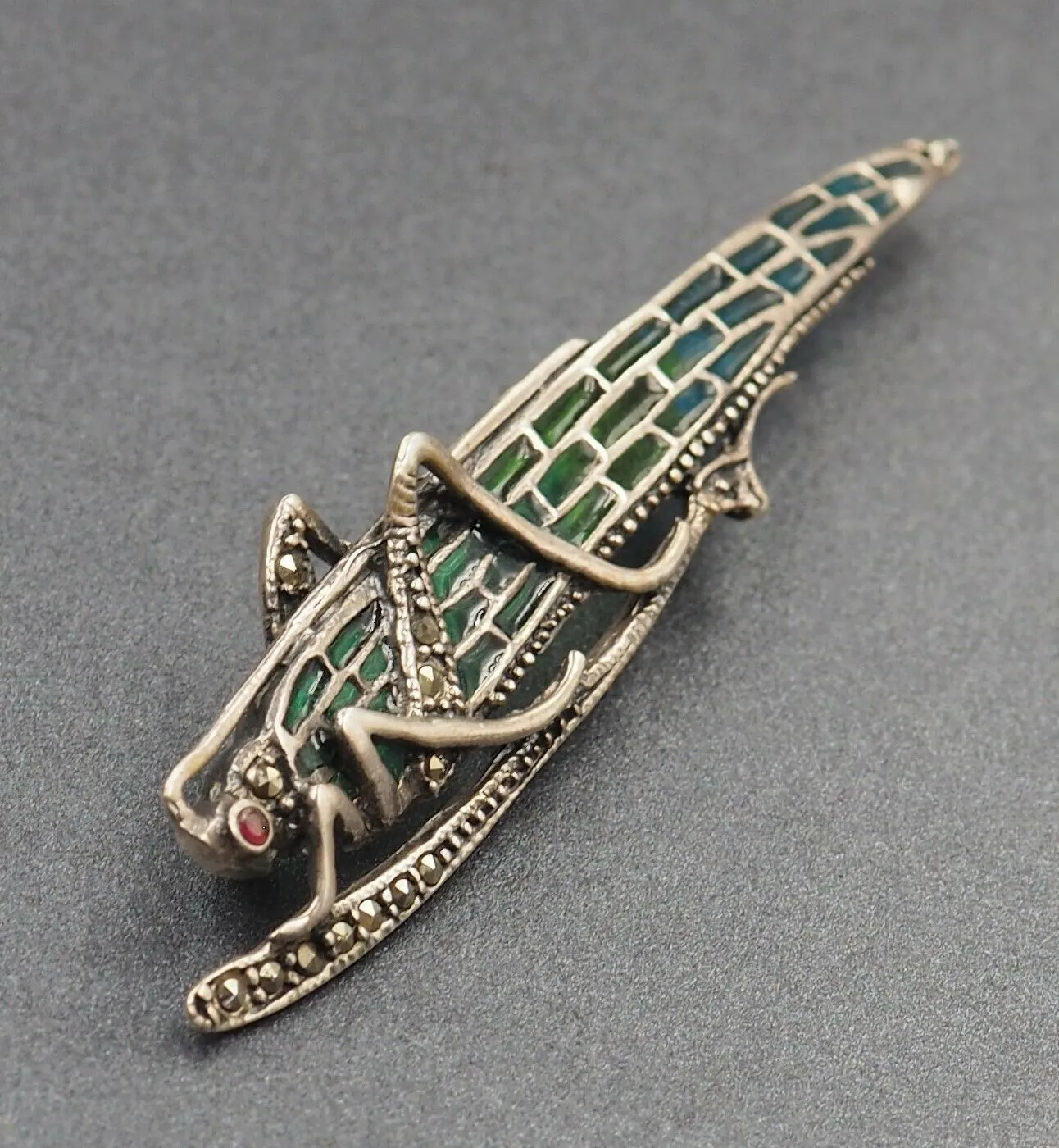 Sterling Silver Marcasite Ruby & Enamel Grasshopper Brooch