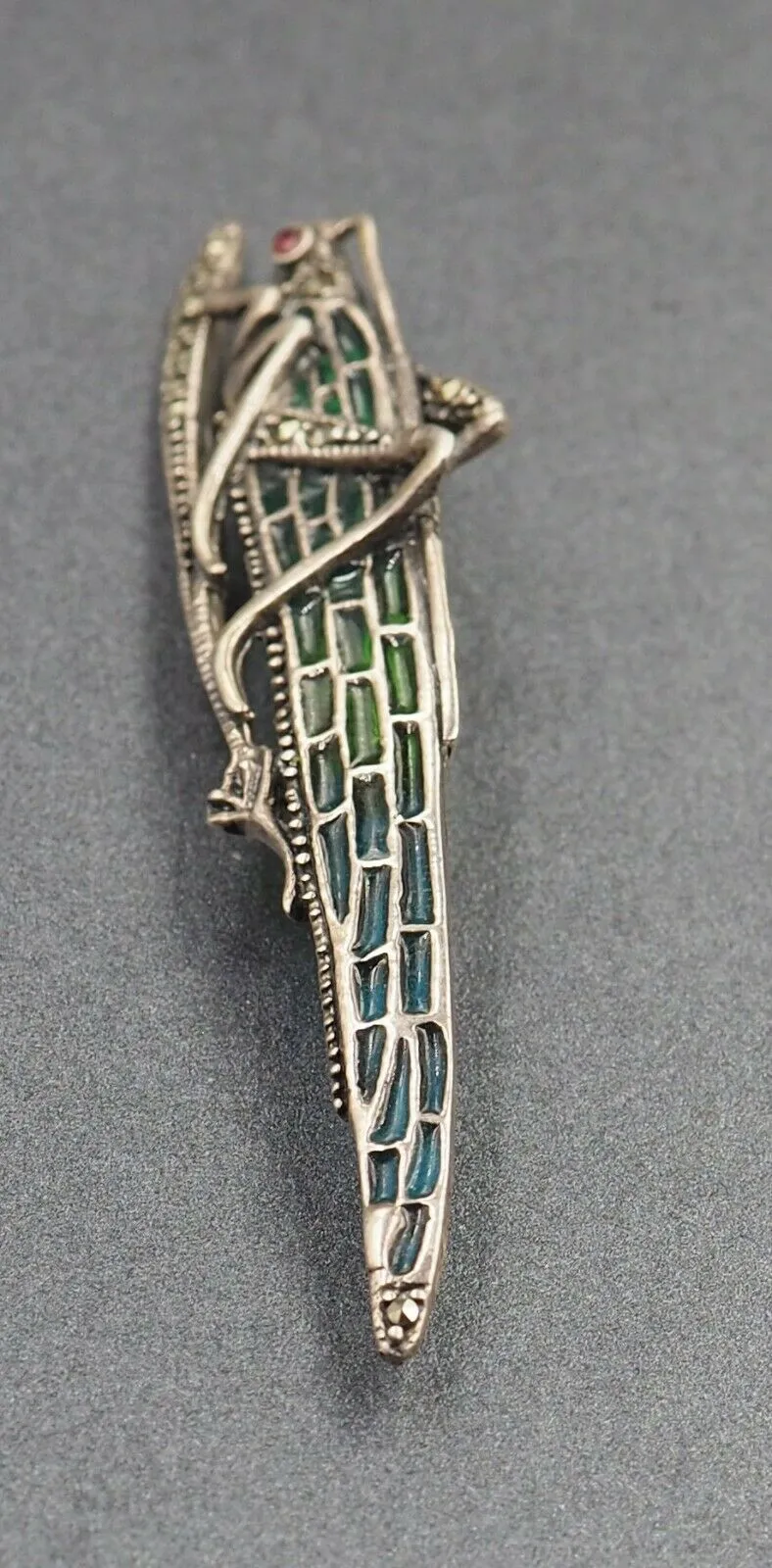 Sterling Silver Marcasite Ruby & Enamel Grasshopper Brooch