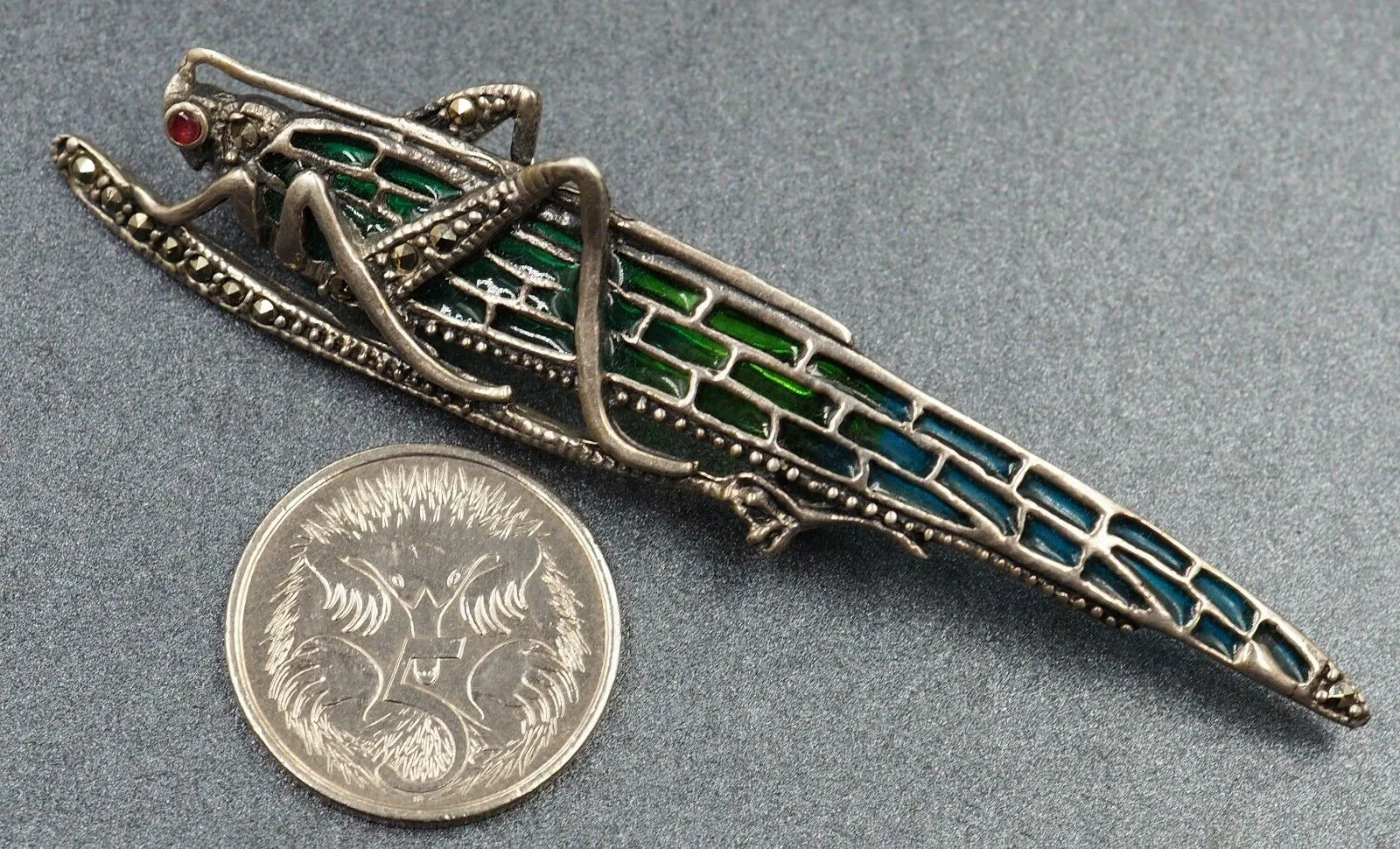 Sterling Silver Marcasite Ruby & Enamel Grasshopper Brooch