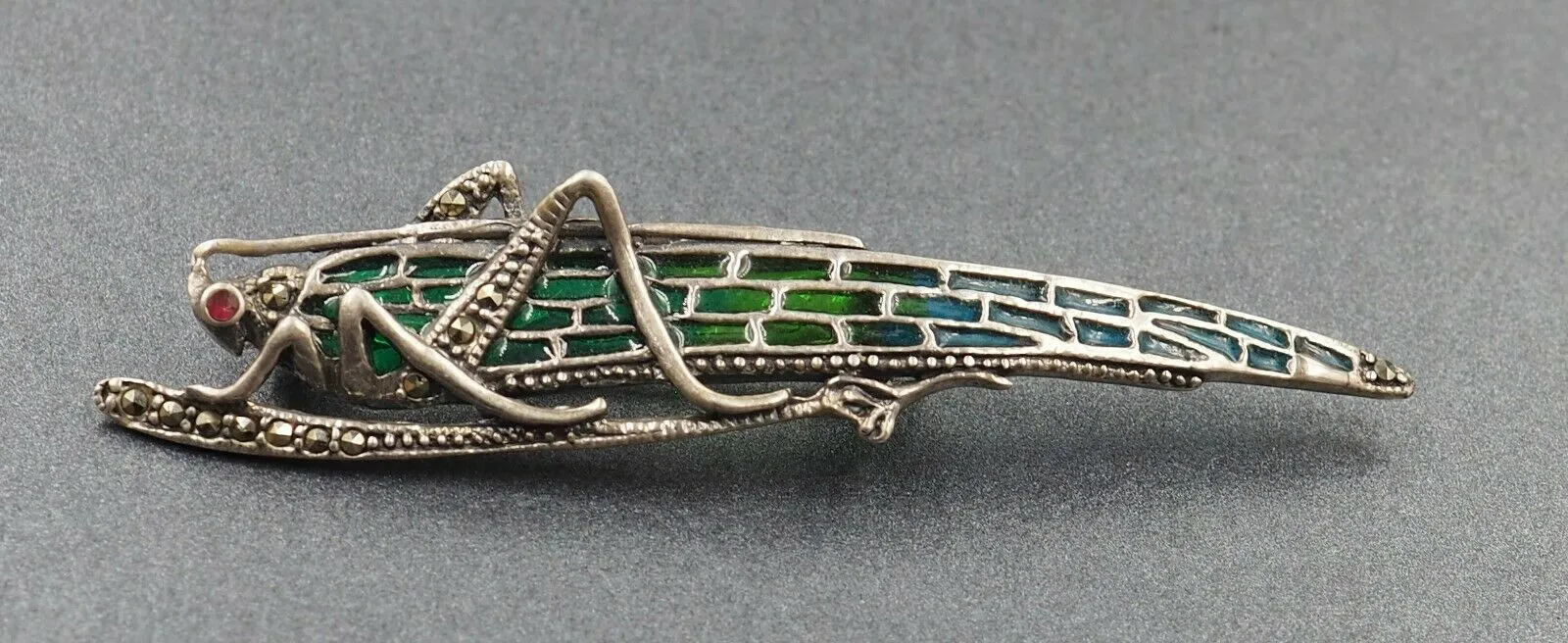 Sterling Silver Marcasite Ruby & Enamel Grasshopper Brooch