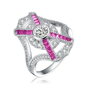 Sterling Silver Ruby Cubic Zirconia Geometrical Cocktails Ring