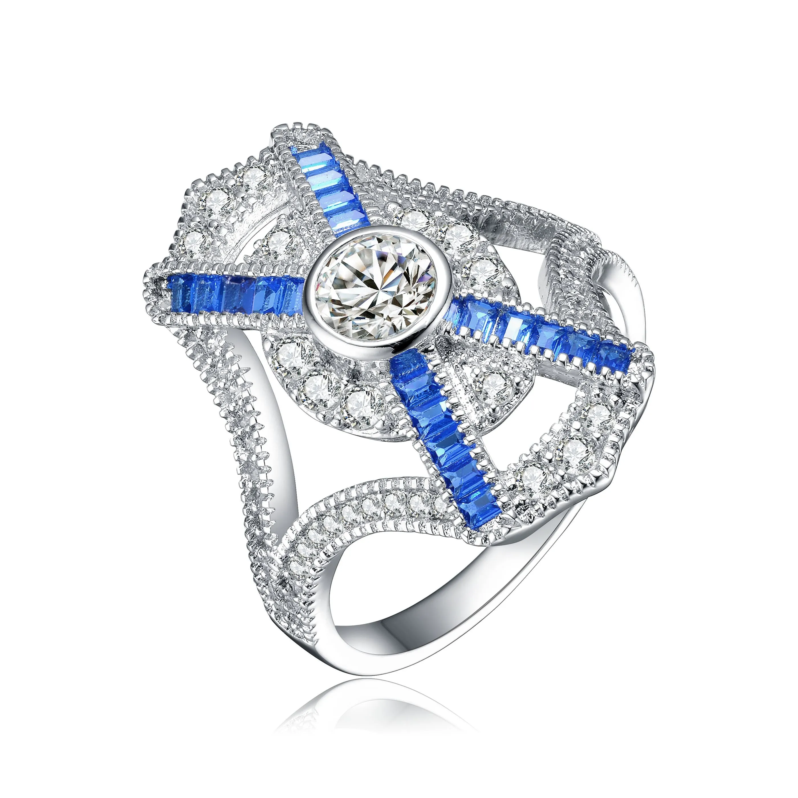 Sterling Silver Sapphire Cubic Zirconia Geometrical Cocktail Ring