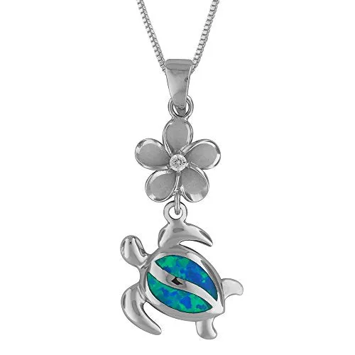 Sterling Silver Synthetic Blue Opal Plumeria Turtle Necklace, 16 2" Extender