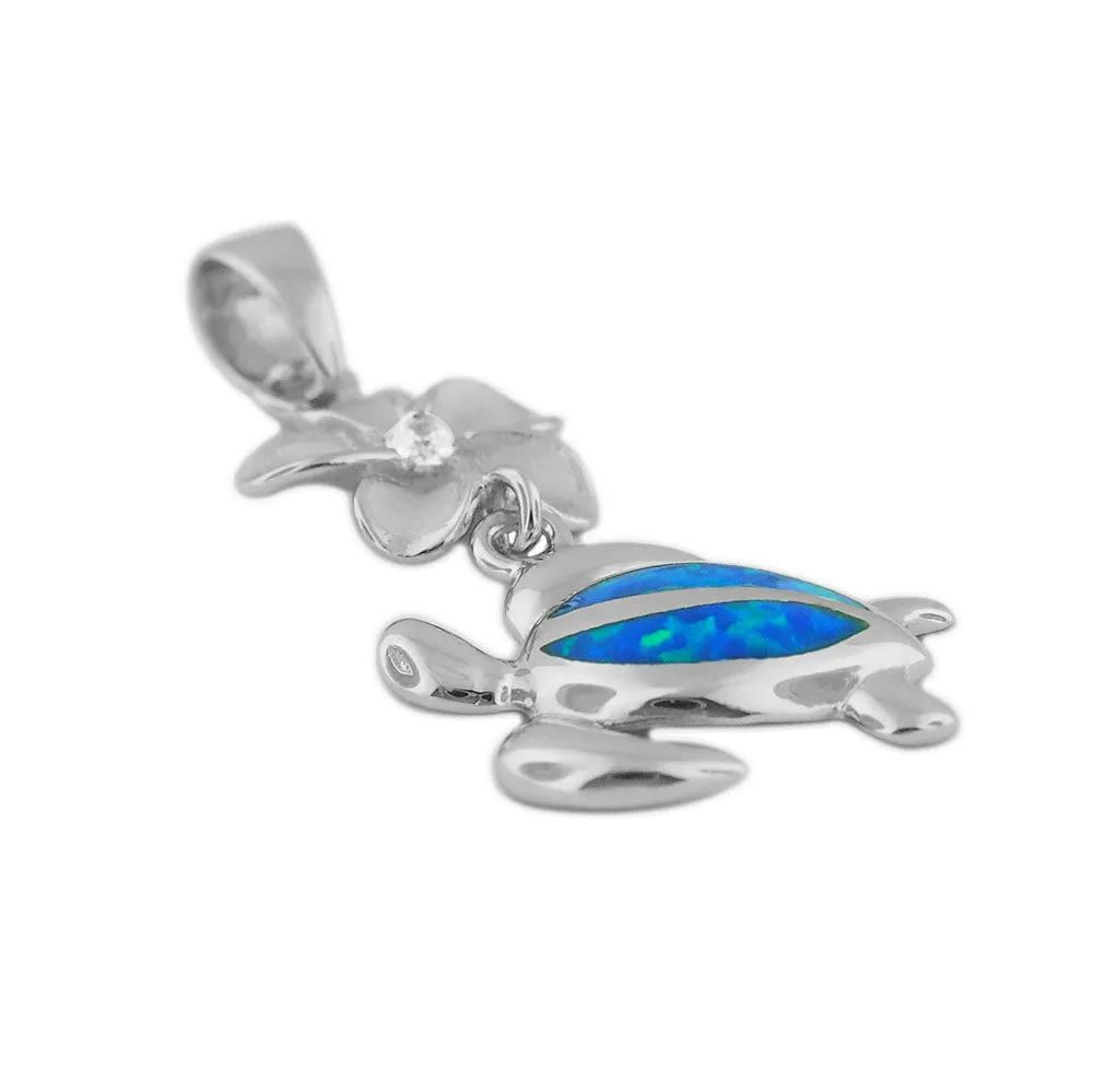 Sterling Silver Synthetic Blue Opal Plumeria Turtle Necklace, 16 2" Extender