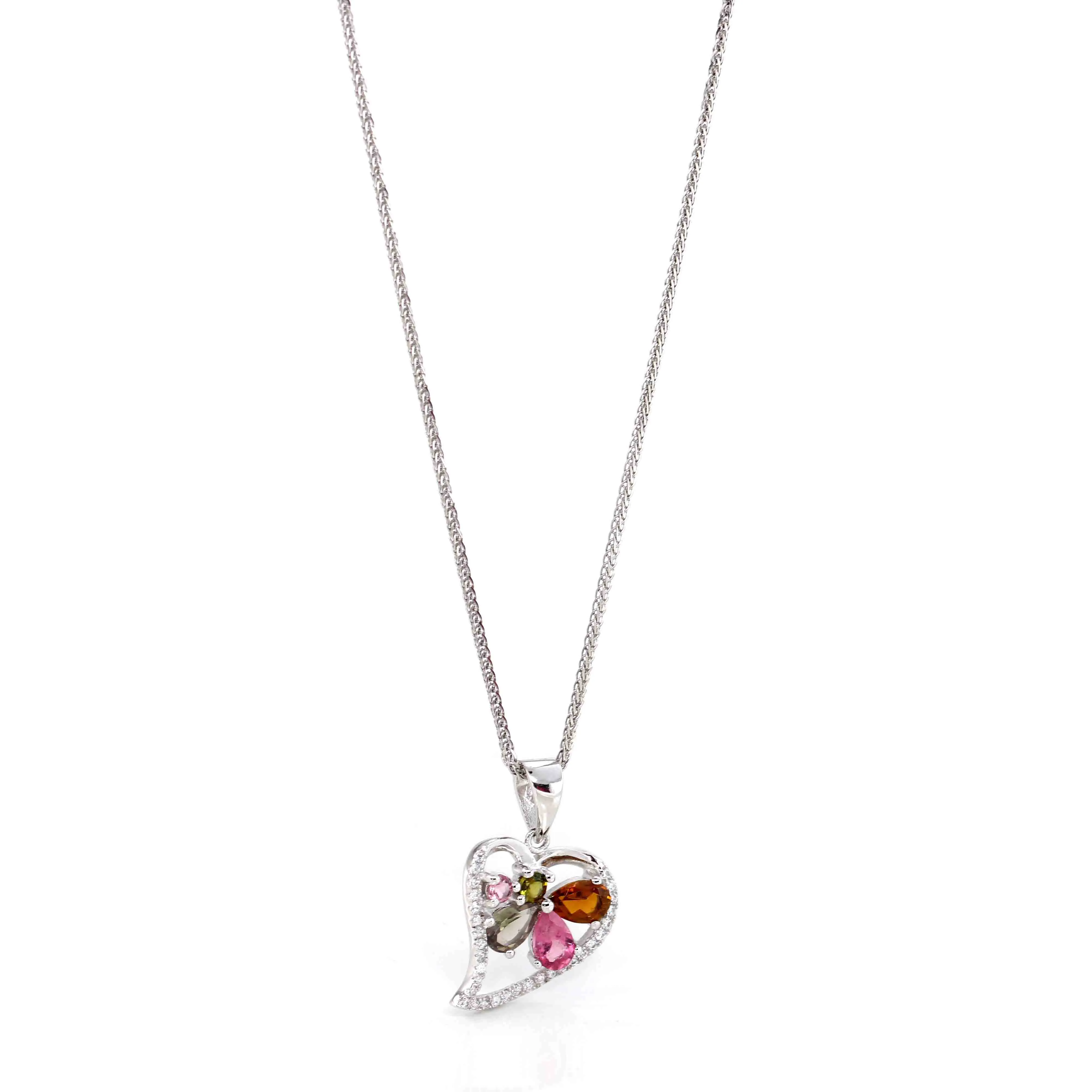 Sterling Silver Tourmaline Heart Shape Pendant Necklace With CZ