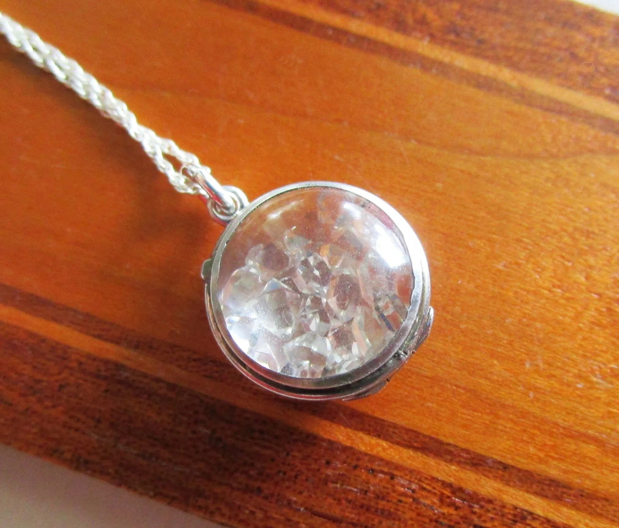 Sterling Silver Vintage Glass Bubble Locket Herkimer Diamonds Necklace